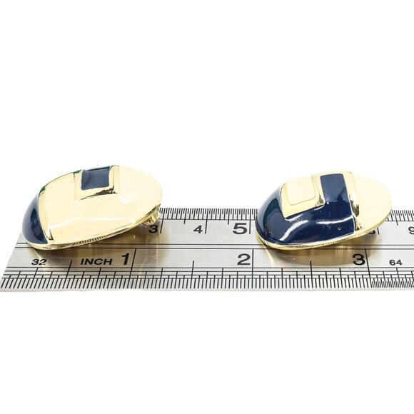 Vintage Donald Stannard Goldtone Cream Navy Enamel Clip On Earrings 90s 1 1/4 In - Picture 4 of 6